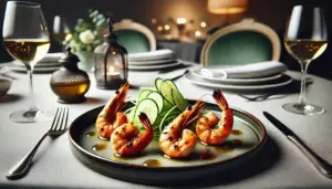 Here's the image of grilled shrimp marinated in ginger, lime juice, and olive oil, accompanied by a fresh Persian cucumber salad, all presented in an elegant fine dining setting.